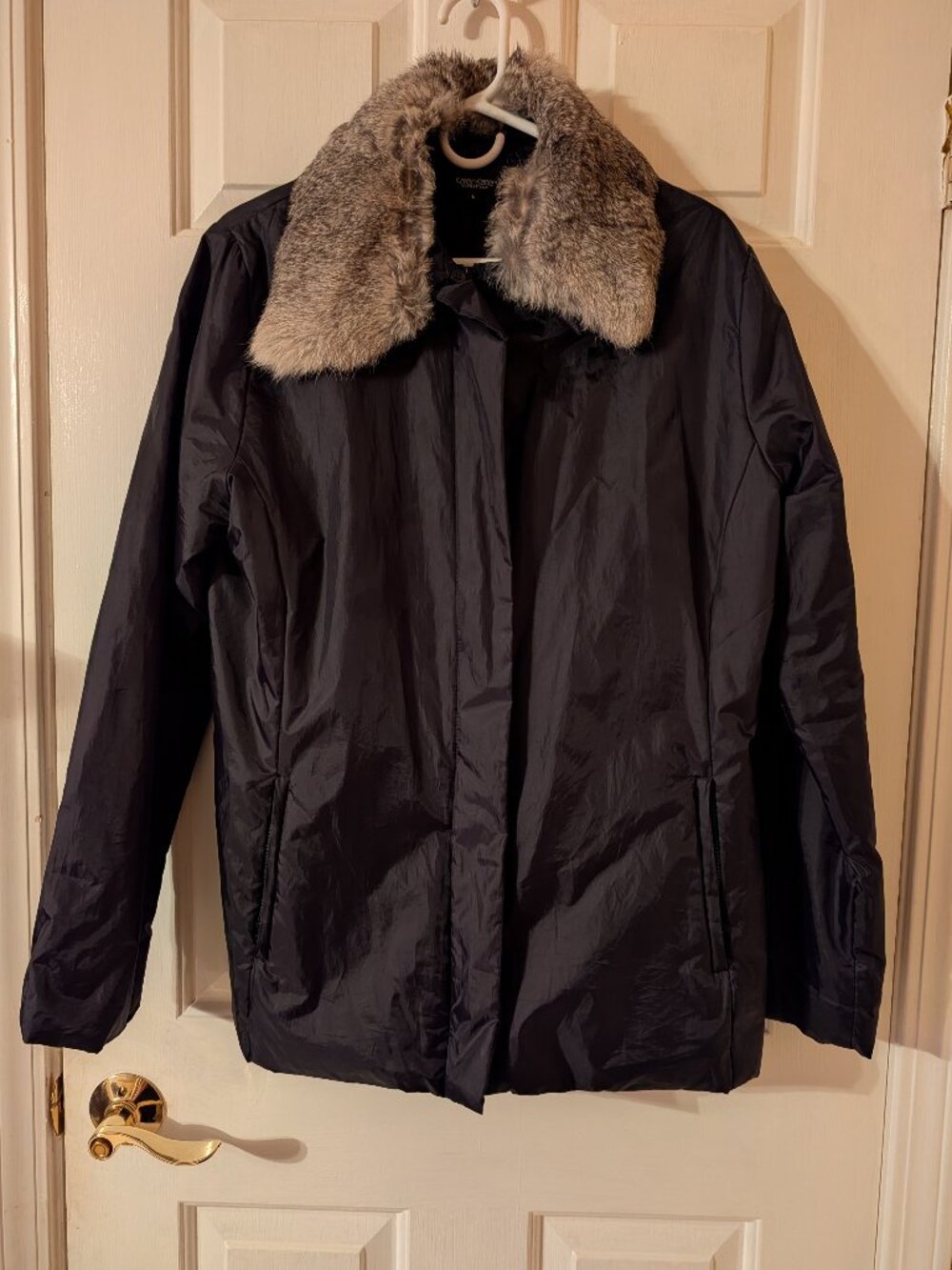 Karen Kane Lifestyle Black Nylon Coat w/ Removable Genuine Rabbit Fur Collar ~ L